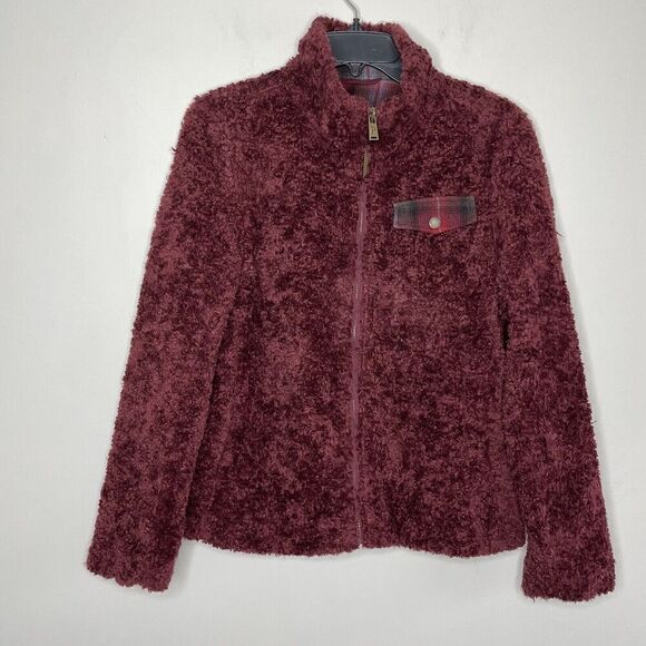 PENDLETON Jacket Womens Small S Burgundy Red Boucle Full-Zip Plaid Trim - Picture 1 of 10